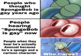 People who thought SpongeBob is gay years ago People hearing "SpongeBob is gay" now People when they hear he's actually Asexual because he's a sponge and a cartoon character Who Cares?