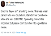 Isa 4 Life of the Party DND @EvilCleverDog Breonna Taylor isn't a f------ meme. She was a real person who was brutally murdered in her own home while she was SLEEPING. Spreading the word is important but please don't turn her into a goddamn meme. 3:27 AM · Jun 14, 2020 · Twitter Web App