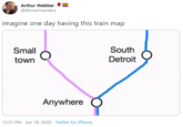 Arthur Webber @BernieTranders imagine one day having this train map Small South town Detroit Anywhere 12:51 PM · Jun 18, 2020 · Twitter for iPhone