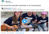 Big Joel @biggestjoel the american populist aesthetic is so f------ bad Cal Perry @CalNBC · Jun 17 Welcome to #Tulsa. People are already in line. Also, re-election songs. #MSNBC MP K REAT TRUMP 2020 AMERICA GAS KEEP C CRI 0:45 22.8M views 11:43 AM · Jun 18, 2020 · Twitter Web App >