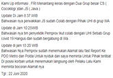 Kami Up informasi . FRI Menantang keras dengan Dua Grup besar CS ( Cocoklogi )dan JS ( Java ) Update Di Jam 8:37 WIB Bahwasan nya perwakikan JS sudah Colab dengan Pihak UHI di grup WA Update di Jam 10:25WIB Bahwasan nya tim penyelidik Pemprov Ikut colab dengan UHI Sebab Grup covid 19 Hangus dan sudah bergabung di Wa . Update di jam 15:20 WIB Bahwasan Nya Pemprov sudah menemukan Alamat lalu fast Report Ke PDO Metro dan Polda Untuk nyiduk dan saya meminta Untuk Pihak terlibat Di posisi korban untuk menemukan langsung oleh Pelaku Lalu Kami meminta bocoran Alamat nya Tgl : 22 Juni 2020
