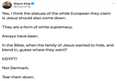 Shaun King @shaunking Yes, I think the statues of the white European they claim is Jesus should also come down. They are a form of white supremacy. Always have been. In the Bible, when the family of Jesus wanted to hide, and blend in, guess where they went? EGYPT! Not Denmark. Tear them down.