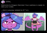 ArtDerg @ArtDerg Welcome to Dragon Dennies! Your waitress is ready to take your order. .Not in anyway related to D***y's Traducir Tweet 4:23 p. m. · 23 jun. 2020 · TweetDeck Vertebrate Cartoon Text