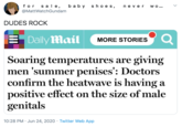 for sal e, @MattWatchGundam baby sh o es, ne ver w o.. DUDES ROCK Daily Mail MORE STORIES Soaring temperatures are giving men 'summer penises': Doctors confirm the heatwave is having a positive effect on the size of male genitals 10:28 PM · Jun 24, 2020 · Twitter Web App >