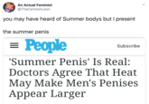 An Actual Feminist @TheCartoonLoon you may have heard of Summer bodys but I present the summer penis = People Subscribe 'Summer Penis' Is Real: Doctors Agree That Heat May Make Men's Penises Appear Larger