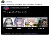 Zaid Jilani @ZaidJilani · Jun 26 Bernie Sanders would've won with this platform DeAnna Lorraine @DeAnna4Congress The goal of the Left. 2020 2021 2022 • Twitter for iPhone 2023 5:09 AM • Jun 20, 2020