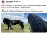 Roy Wood Jr- Ex Jedi @roywoodjr One time as a child I went door to door offering to rake leaves to afford 'Super Mario Bros 2' Kim Kardashian West @KimKardashian · Jun 29 Meet North's Freesian horse. We have 14 gorgeous Freesians on the ranch.