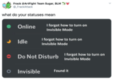Frack @ArtFight Team Sugar, BLM V @_FrackAttack what do your statuses mean Online I forgot how to turn on Invisible Mode ) Idle I forgot how to turn on Invisible Mode Do Not Disturb I forgot how to turn on Invisible Mode O Invisible Found it