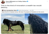 Every Billionaire Is A Policy Failure @DanRiffle This is the kind of innovation a wealth tax would destroy. Kim Kardashian West @KimKardashian · Jun 29 Meet North's Freesian horse. We have 14 gorgeous Freesians on the ranch.