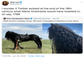 Alex Leo @AlexMLeo I wonder if Twitter existed at the end of the 18th century what Marie Antoinette would have tweeted in, oh say, 1788 Kim Kardashian West @KimKardashian · Jun 29 Meet North's Freesian horse. We have 14 gorgeous Freesians on the ranch. 11:19 PM · Jun 30, 2020 · Twitter Web App