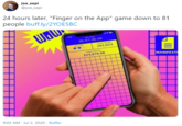 joe sepi @joe_sepi 24 hours later, "Finger on the App" game down to 81 people buff.ly/2YOE5BC WOw 00:01:26:03 201,023 $24,979.98 MANIFEST 9:03 AM - Jul 2, 2020 · Buffer