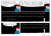 Universe, is the "Great Filter" theor true? Is there a specific reason why yl| we haven't seen any signs of extraterrestrial life? %3D 99 percent of all life forms go extinct shortly after క్రం developing the ability to transmit radio signals into space. Why is that? at their current velocity, you'l find out in about six months. oppressive-silence.com