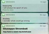 insecurity anxiety MESSAGES Insecurity I will always be apart of you Press for more MESSAGES Anxiety I wonder what could go wrong MESSAGES Giuseppe Stromboli hey have u seen my briefcase 1m ago 6m ago 6m ago