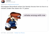 Giuseppe Stromboli when his family forces him to live in a closet under the stairs for 11 years "rachel" @rachellobaugh Replying to @MNateShyamalan Giuseppe Stromboli when his family forces him to live in a closet under the stairs for 11 years whata wrong with me 4:17 PM · Jul 9, 2020 · Twitter for iPhone