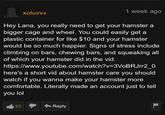 1 week ago xoluvvv Hey Lana, you really need to get your hamster a bigger cage and wheel. You could easily get a plastic container for like $10 and your hamster would be so much happier. Signs of stress include climbing on bars, chewing bars, and squeaking all of which your hamster did in the vid. https://www.youtube.com/watch?v=3VoBRJrr2_0 here's a short vid about hamster care you should watch if you wanna make your hamster more comfortable. Literally made an account just to tell you lol 23 Reply