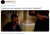 (coping cat) @GabeTheTabby Replying to @okcandice_ "What are you wearing, Jimmy from LinkedIn?" 5:41 PM · Jul 22, 2020 · Twitter for iPad