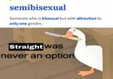semibisexual Someone who is bisexual but with attraction to only one gender. Straight was never an option