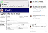 tank.sinatra's post tank.sinatra Following MESSAGES now ... Paid partnership with meme2020 FBI Agent You know Joe Exotic isn't on the ballot, right? tank.sinatra OI miss the Tiger King period of quarantine. Click the link in my bio for your mail-in ballot @meme2020 #votingpartner meme2020.com/vote FLORIDA FSEE Florida *** SUPERVISORS ELECTIONS OF 1d Application for Mail-In Ballot Print your name Last name Jr Sr II IV (circle if applicable) Please print your name exactly 1 as you registered to vote. First name Middle name or initial About you Phone and email are optional and used if information is missing on this form. Birth date View replies (6) Phone Email Your address Address (not P.O. Box) Apt. number Please print your address exactly as you registered to vote. City/Town State Zip code Liked by and 57,590 others Municipality County Ward (if known) Voting district (f known) 1 DAY AGO I have lived at this address since: Add a comment... Post