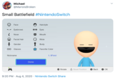 Michael @MariolsBroken Small Battlefield #NintendoSwitch Face Hairstyle Eyebrows 00 Eyes Nose Mouth Facial Hair Mole Gender Body 00 Glasses Favorite Color Nickname S. BField Done Rotate Reset Position В Вack A OK 9:20 PM · Aug 4, 2020 · Nintendo Switch Share
