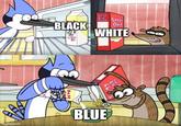 Regular Show Mordecai and Rigby pouring cereal BLACK WHITE BLUE