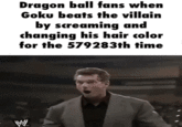Dragon ball fans when Goku beats the villain by screaming and changing his hair color for the 579283th time Text Photo caption Font Internet meme
