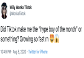 Willy Wonka Tiktok @WonkaTiktok Did Tiktok make me the "hype boy of the month" or something? Growing so fast rn S 10:49 PM · Aug 8, 2020 · Twitter for iPhone
