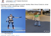 Jahangeer @JahangeerDM Digital Marketer Fortnite's latest dance sure looks like Ana Coto's viral TikTok roller-skating video trib.al/frM37Pv FREEWHEELIN TikTok 0:02 34.5K views From The Verge 3:48 AM · Aug 7, 2020 · IFTT