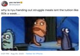 yes ma'am @ntittytech why is nyu handing out struggle meals isnt the tuition like 80k a week.... 4:07 PM · Aug 20, 2020 · Twitter for iPhone