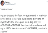 ==*sees woman*==

My jaw drops to the floor, my eyes extend at a velocity never before seen, I take out a boxing glove and hit myself with it 17 times, pant like a dog, and yell AOOOOGA AOOOOGA then turn to the audience and say in 1930’s New York accent “HOT MAMA, now that’s a dame!”