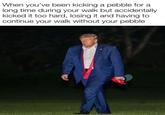 When you've been kicking a pebble for a long time during your walk but accidentally kicked it too hard, losing it and having to continue your walk without your pebble