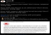 Ted Lieu @tedlieu 2 US House candidate, CA-33 Does GOP support free trade? Don't know, whatever Trump says. Does GOP view Russia as an adversary? Don't know, whatever Trump says. Does GOP support defunding Social Security? Don't know, whatever Trump says. @GOP is not a political party with principles anymore, it's a cult. Jennifer Taub O @jentaub - 32m The GOP just announced that there is no 2020 platform this year other than to reassert "the Party's strong support for President Donald Trump and his Administration." As Adopted by the Republican National Committee RESOLUTION REGARDING THE REPUBLICAN PARTY PLATFORM WHEREAS, The Republican National Committee (RNC) has significantly scaled back the size and scope of the 2020 Republican National Convention in Charlotte due to strict restrictions on gatherings and meetings, and out of concern for the safety of convention attendees and our hosts; WHEREAS, The RNC has unanimously voted to forego the Convention Committee on Platform, in appreciation of the fact that it did not want a small contingent of delegates formulating a new platform without the breadth of perspectives within the ever-growing Republican movement; WHEREAS, All platforms are snapshots of the historical contexts in which they are born, and parties abide by their policy priorities, rather than their political rhetoric; WHEREAS The PNC had the Platform Committee heen ahle to convene in 2020. would have 8:58 PM · Aug 23, 2020 · Twitter for iPhone