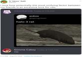 TJ "Henry" Yoshi @tj99er I love how potentially the most unifying factor between my friends is an excessive love for rats. meankarma Today at 7:15 AM andrew @sprngclean halo 3 rat Gimme Cakey SAM YO 2:13 PM · Aug 24, 2020 · Twitter for Android