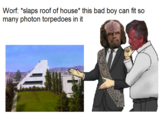 Worf: *slaps roof of house* this bad boy can fit so many photon torpedoes in it