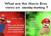 What are the Mario Bros views on identity thefting ? M Mario says: luigi says: Where am I? Where's You can do the replacement if he's locked in Luigi? your basement