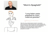 “Mom's Spaghetti" "Long Italian pasta prepared by one's maternal guardian" "Many thin, long, cylindrical pieces meant for consumption that is created from milled wheat and water, usually prepared with tomatoes, parmesan, butter, meatballs, etc. that is prepared, but not created, by a female human that has a maternal relationship to an offspring, in most cases biological. however, they are considered this through either raising a human or giving birth to a human."