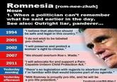 Romnesia [rom-nee-zhuh] Noun 1. When a politician can't remember what he said earlier in the day. See also: Outright liar, panderer... "I believe that abortion should be safe and legal in this country." 1994 "I do not wish to be labeled pro-choice." 2001 "I will preserve and protect a woman's right to choose." 2002 2007 "We should overturn Roe v. Wade." "I will advocate for and support a Pain- Capable Unborn Child Protection Act." 2011 Yesterday "There's no legislation with regards to abortion that moming I'm familiar with that would become part of my agenda." Yesterday "Mitt Romney is proudly pro-life, and he will be aftemoon a pro-life president." Facebook.com/Bill.Allyn.7