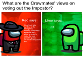 What are the Crewmates' views on voting out the Impostor? Red says: Lime says: We should take our time at the red emergency meeting, comparing evidence and alibis, in order to make the best possible guess on who the impostors are.