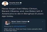 Charlie Kirk @charliekirk11 Never forget that Hillary Clinton, Barack Obama, and Joe Biden left 4 Americans to die in Benghazi 8 years ago today. Brian Tyler Cohen @briantylercohen Replying to @charliekirk11 Wait until you find out how many people died in the last hour. >