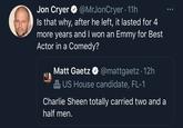 Jon Cryer O Is that why, after he left, it lasted for 4 more years and I won an Emmy for Best Actor in a Comedy? @MrJonCryer · 11h Matt Gaetz O @mattgaetz · 12h 2 US House candidate, FL-1 Charlie Sheen totally carried two and a half men.