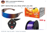 NGN | LASER RANGER McStebb @DandyMcStebb QRT: items that you drop when you die BAKED SNACK CRACKERS Nutrin Facts iy FINNO Calori NET WT 2 OZ (57g) Cheddar aked with real che Maka CaT 500 g 12:00 AM · Sep 15, 2020 · Twitter for Android