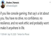 Shadow | Nemesis @ShadowEagleX if you like console gaming, that say's a lot about you. You have no drive, no confidence, no resilience, and no work ethic and probably wont make it anywhere in life. 11:09 AM · Sep 19, 2020 · Twitter for iPhone