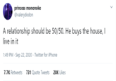 princess mononoke @valerydodon A relationship should be 50/50. He buys the house, I live in it 1:49 PM · Sep 22, 2020 · Twitter for iPhone 7.7K Retweets 731 Quote Tweets 28K Likes