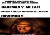 CAVEMAN 1:WHAT SHOULD WE CALL THIS (HOLDS A PIECE OF ANIMAL) CAVEMAN 2: ME EAT! CAVEMAN 1: PERFECT WE SHOULD CALL IT MEAT! CAVEMAN 2: (confused unga bunga) imgflip.com