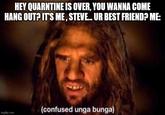 HEY QUARNTINE IS OVER, YOU WANNA COME HANG OUT? IT'S ME, STEVE. UR BEST FRIEND? ME: (confused unga bunga) imgflip.com