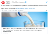 PETA - #EndSpeciesism @peta END SPECIES ISMI Cows' milk has long been a symbol used by white supremacists. One more reason to #DitchDairy. peta.vg/2c2w O 9,408 7:00 PM - Oct 18, 2018 What Does Drinking Milk Have to Do with White Supremacy? The "White Stuff" isn't the right stuff. Learn what's wrong with drinking milk. peta.org