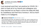 Jen Ramos, but spooky ổi @jenmacramos I just received word that I am positive for COVID-19. I want to thank all of my friends and colleagues who have reached out as there's a drive into deep left field by Castellanos and that'll be a homerun. And so that'l| make it a 4-0 ballgame. Governor Christie @GovChristie · Oct 3 I just received word that I am positive for COVID-19. I want to thank all of my friends and colleagues who have reached out to ask how I was feeling in the last day or two. I will be receiving medical attention today and will keep the necessary folks apprised of my condition. 11:50 AM · Oct 3, 2020 · Twitter for Android