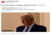 a nihil on elm street @chainsleaze the chad optics of slowly dying in public >>>>>>> Brennan Murphy @brenonade · Oct 5 Trump appears to be wincing in pain while he breathes Show this thread 0:08 12.9M views 10:41 PM · Oct 5, 2020 · Twitter Web App