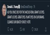 Donald J. Trump @realDonaldTrump · 7h AS YOU ONCE DID FOR THE VACOUS ROM, GRANT US EYES. GRANT US EYES. GREAT EYES. PLANT EYES ON OUR BRAINS. CLEANSE OUR BEASTLY IDIOCY. VOTE 42.2K 27 61K 256.2K