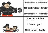 10 millimeters = 1 centimeter 100 centimeters = 1 meter 1000 meters = 1 kilometer 12 inches = 1 foot 3 feet = 1 yard 1760 yards = 1 mile