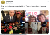 UsHadrons @ushadrons The nodding woman behind Trump last night, Mayra Joli. WHATS UP el DVE TRU www y they e here.. MAKE AMERCAS ENT o Mike McCali DE for Agriculture Commis TAGAN Protecting Florida's Families om/ushadrons/status/1316957936602783747/photo/2